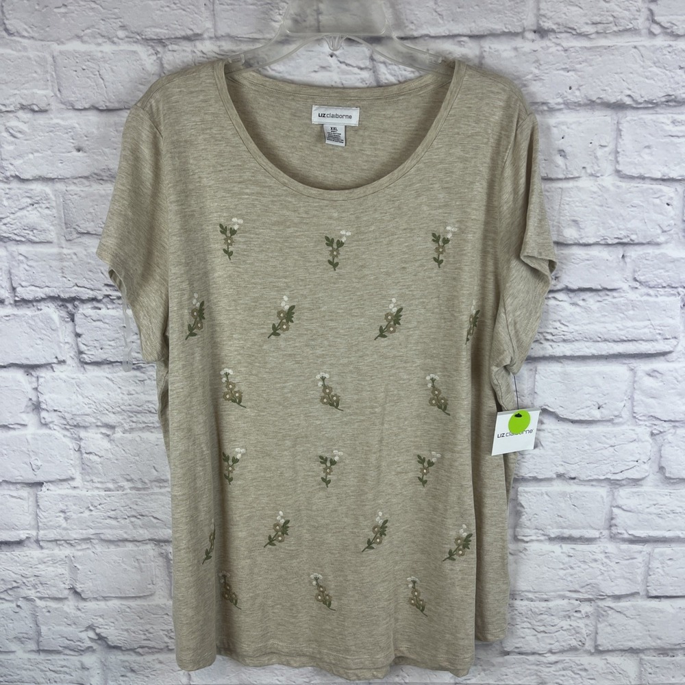 Liz Claiborne Beige Floral Embroidered Short Sleeve Top XXL NWT